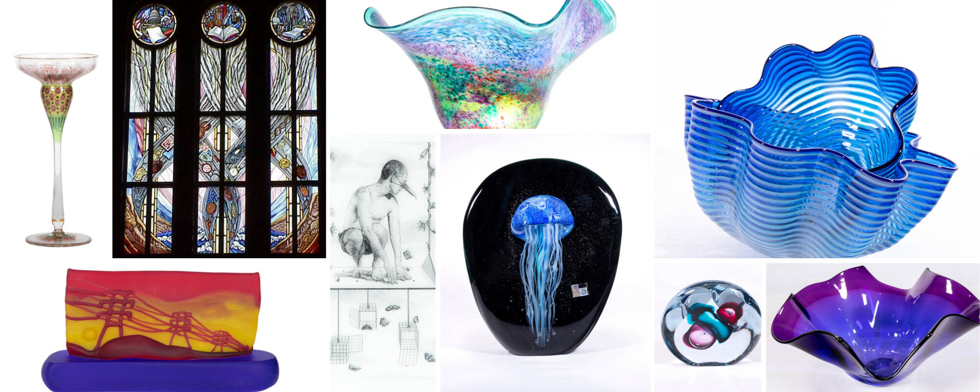Collage of nine different images from the GVSU Art Museum Collection that showcase different works made of glass.